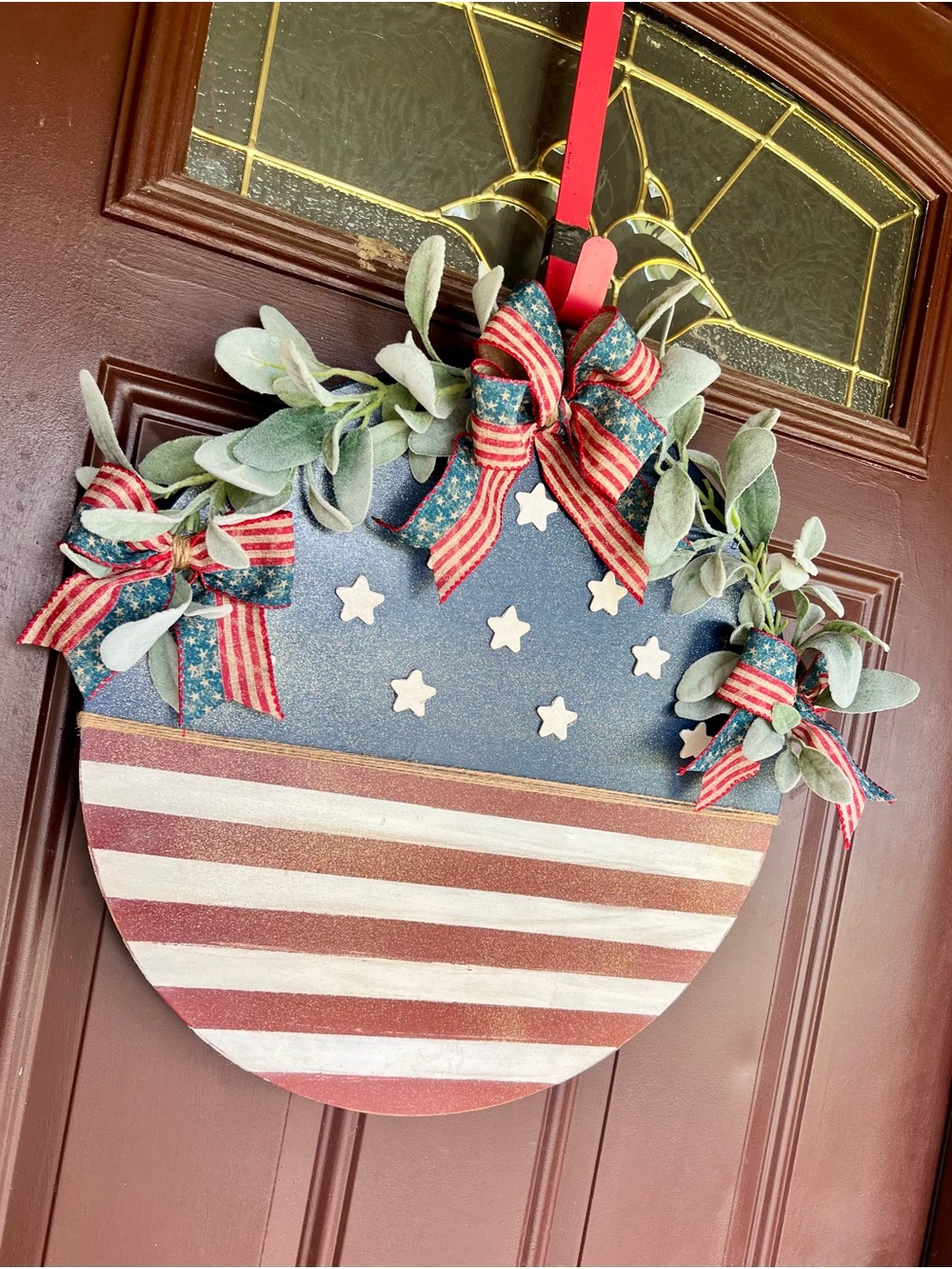 Door Hanger 18 In Round Wood Hand painted Patriotic 4th Of July Ribbon Red White